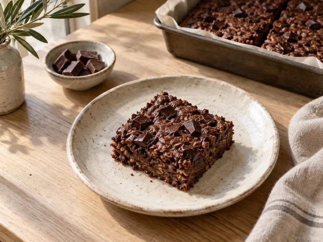 Soft banana, oat & cocoa squares