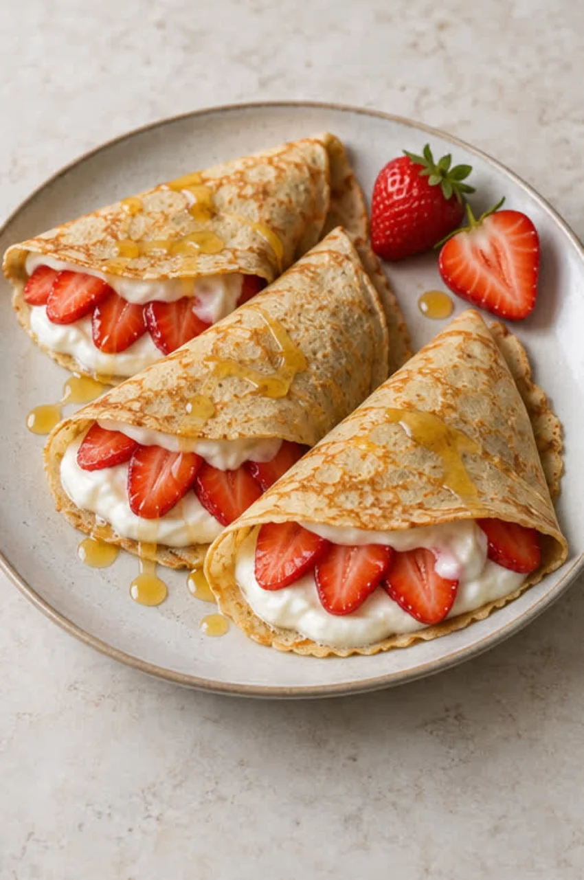 Oat crepes, fromage blanc & strawberries